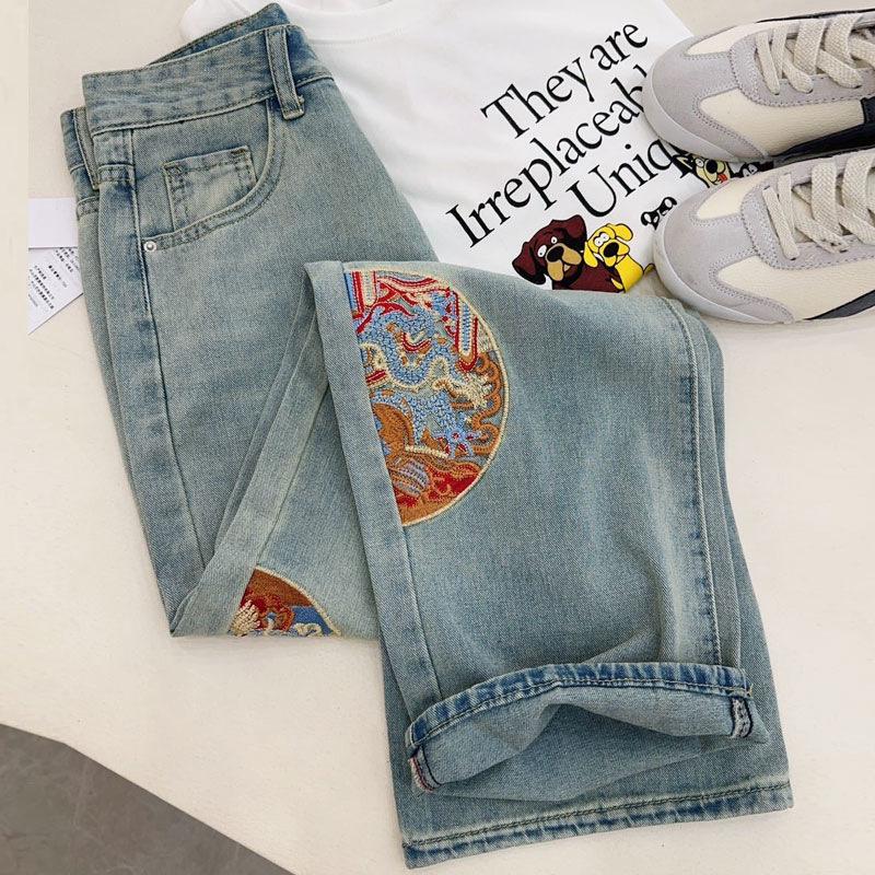 Vintage Wide Leg Pant Embroidered Straight Jeans for Women High Waisted Trailing Trousers