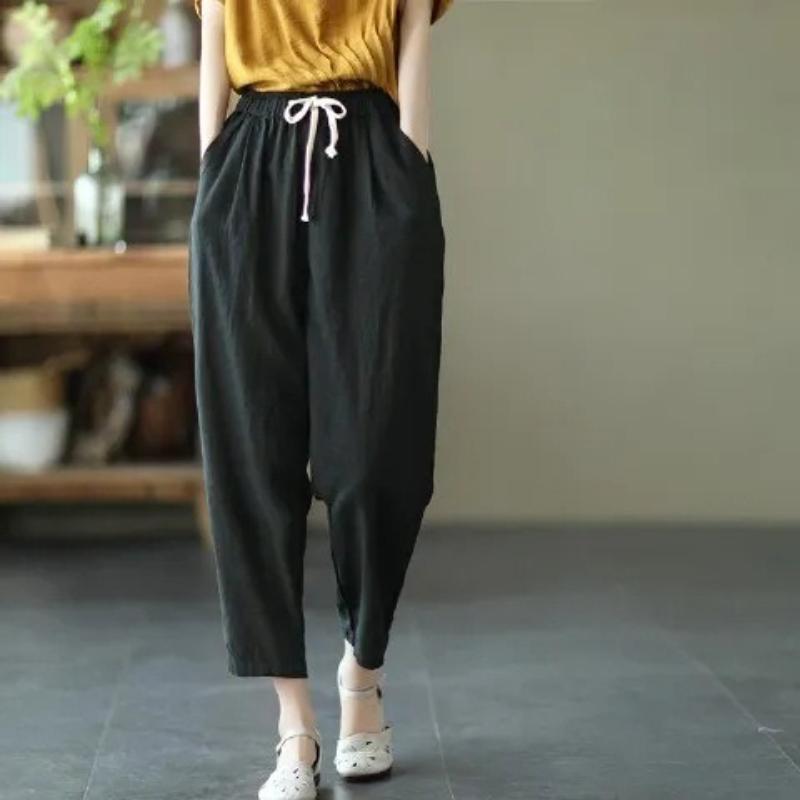 Spring Summer Cotton Linen Pants Women Solid Color Casual Ankle-length Pant Woman Lace-up Waist Loose Trousers