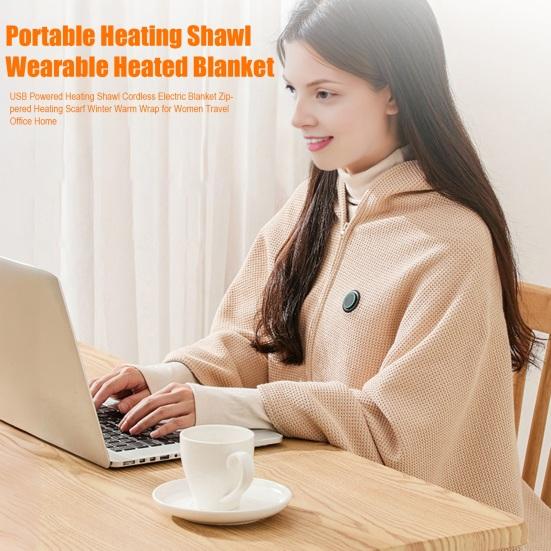 USB Powered Heating Shawl Cordless Electric Blanket Zippered Heating Scarf Winter Warm Wrap for Women Travel Office Home