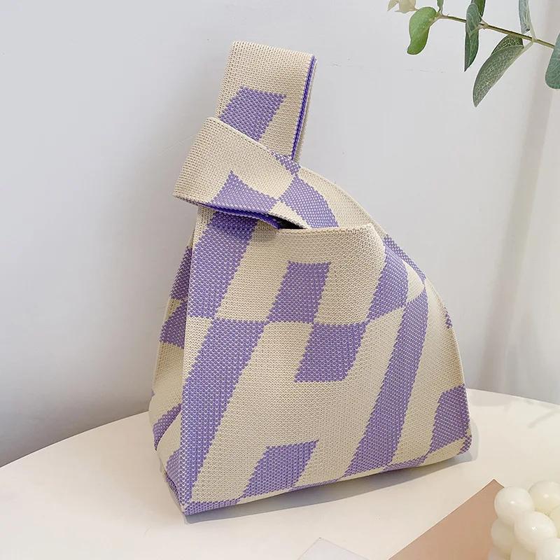 Japanese Thin Stripe Plaid Tote Bag Women Casual Color Handmade Knit Handbag Student Reusable Shopping Bag Keys Purse Handle Bag