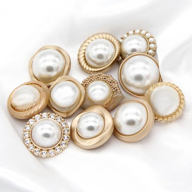 10pcs Pearl Gold Metal Women Coat Buttons For Clothing Vintage Sweater Decorative Buttons Quality Sewing Accessories