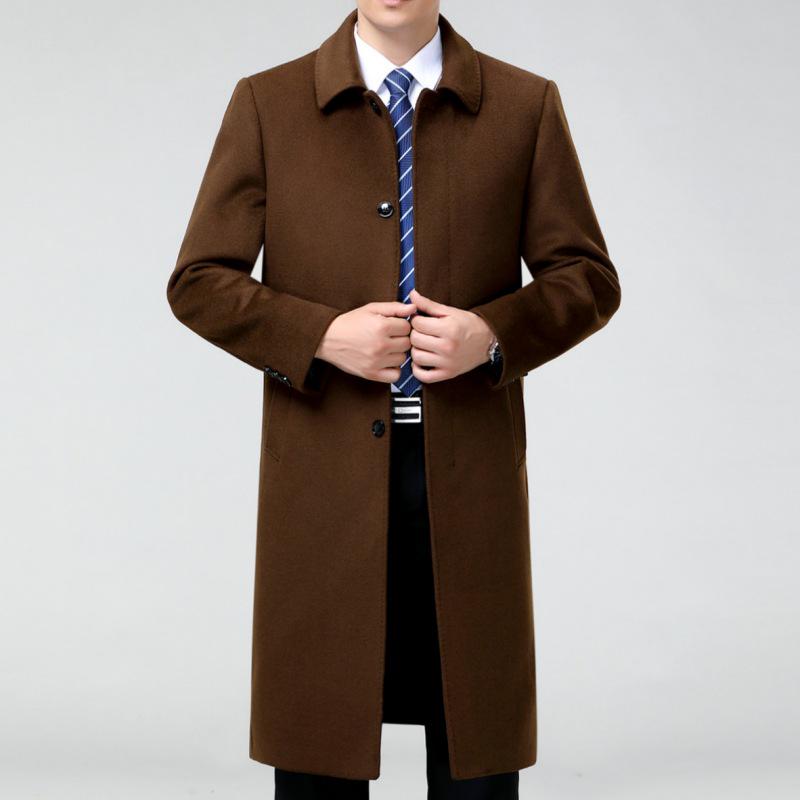 Men's Long Cashmere Coat, Below-Knee, Autumn-Winter Thick Wool Trench for Middle-Aged and Elderly.