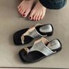 Fashion Summer Retro Leopard Metal Buckle Clip Toe Slippers for Women Wedges Middle Heel Fashion Outer Wear Flip Flops Beach Slides