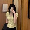 American retro shoulder V-neck leaking collarbone short-sleeved T-shirt women's summer slim-fit short waist pinch design hot girl top