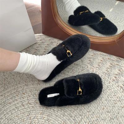 Winter Warm Plush Mules Women One Band Fur Slippers Cozy Cotton Shoes Woman Flats Cover Toe Fleeces Slides Femme Wool Pantuflas