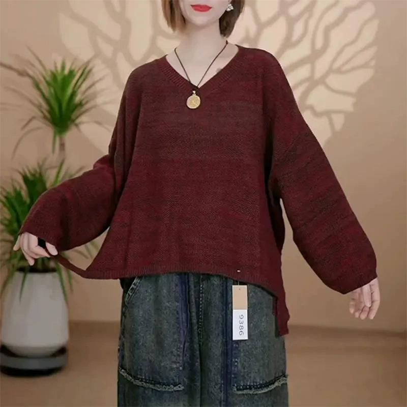 Dimanaf 2025 Sweater Autumn Bat Winter Women Solid V-Neck Sweaters Knitting Loose Red Sweater