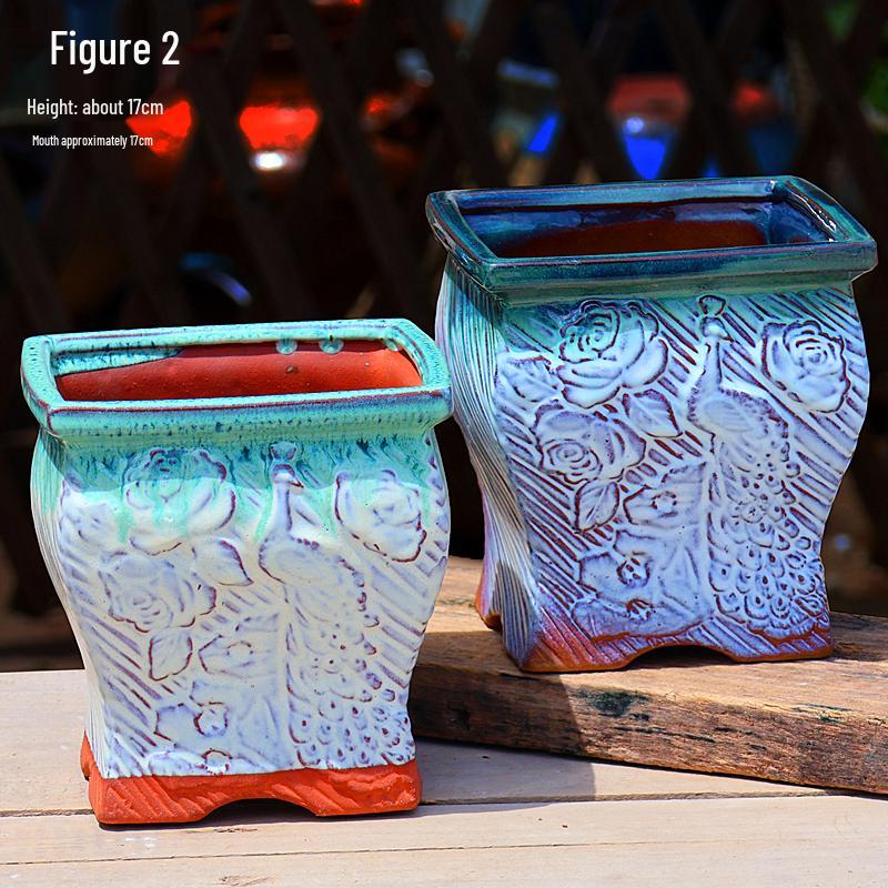 Creative Handmade Coarse Pottery Terracotta Pot - Large Square Glossy Glazed Planter with Low Breathable Rim for Succulents and Pothos