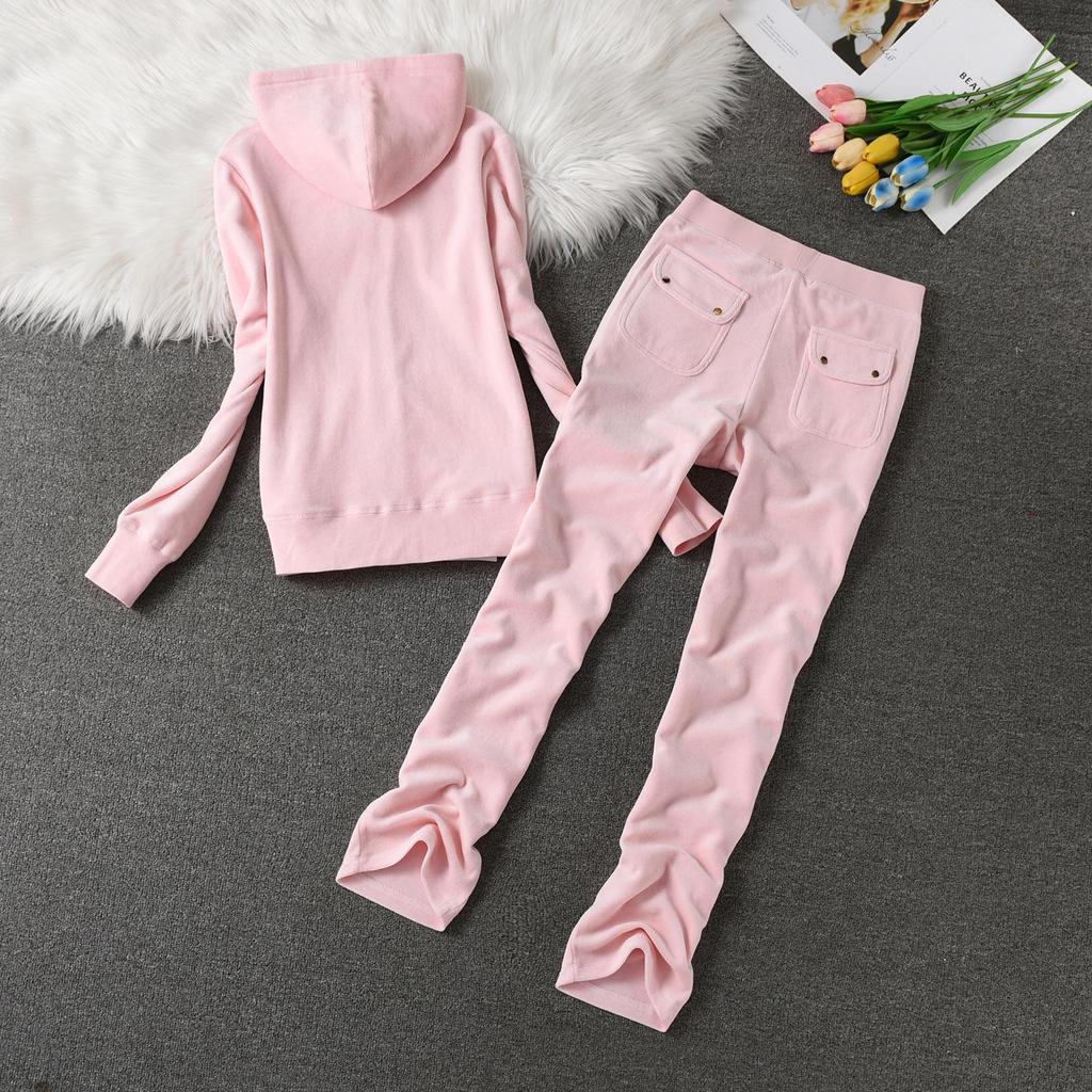 Velvet Sportswomen's Fashionable Hooded Cardigan & Wide-Leg Pants Slim-Fit Two-Piece Set.