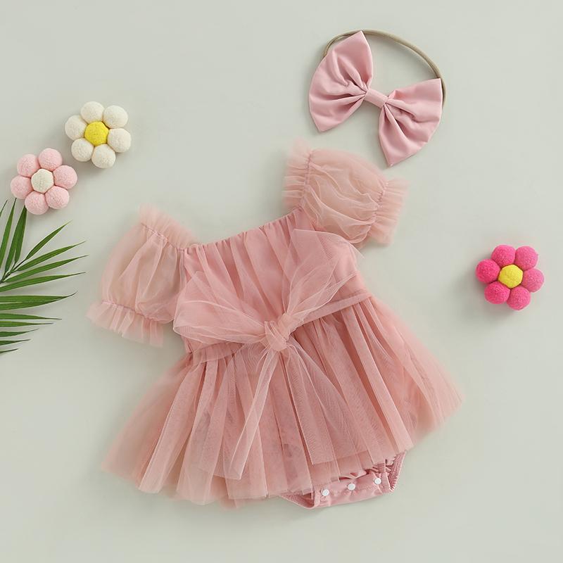 0-24M Princess Baby Girl Romper Nyfødt Spedbarn Småbarn Tyll Jumpsuit + Pannebånd Prinsesse Bursdag Puff Erme antrekk