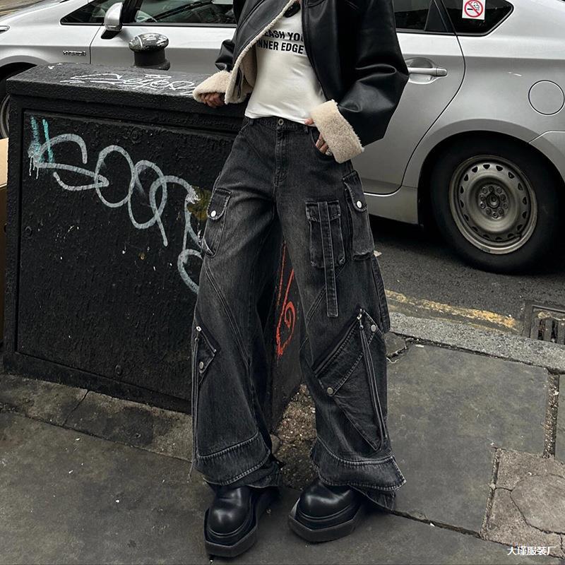 Women's Black Gothic Baggy Cargo Jeans Harajuku Oversize Denim Trousers Y2k 90s Vintage Emo Jean Pants Trashy Clothes