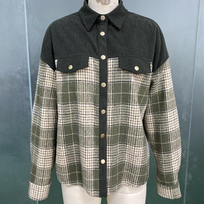 Casual Layering Shirt for Women -plaid Printedd Loose Long Sleeve Lapel Corduroy Shirt Jacket