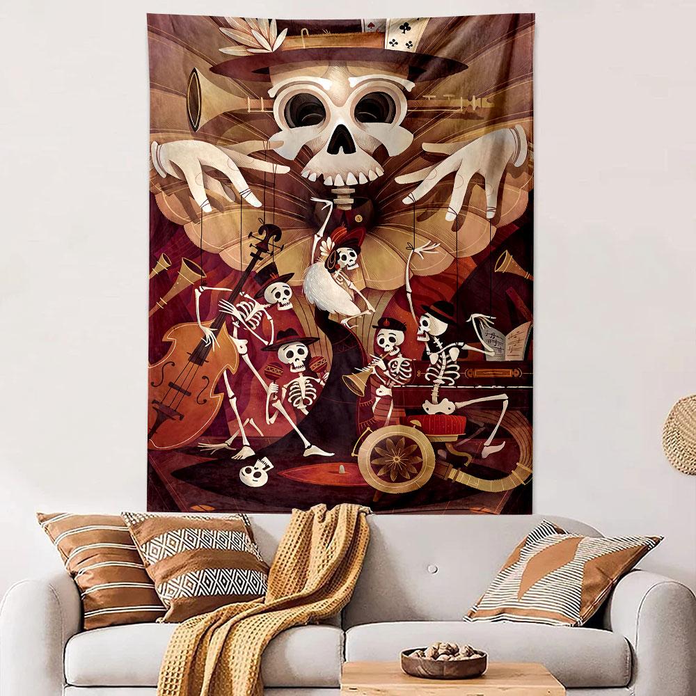 Skeletons play musical instruments with a puppet master in a lively scene. Patterned tapestry for bedroom and living room home decor