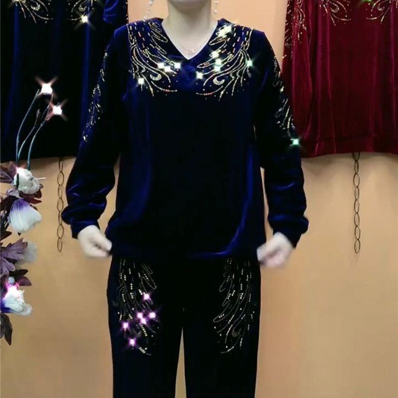 2-teiliger Hosenanzug Herbst Damen Stickerei Übergröße Samtbluse Hohe Taille Samt Harems Hose Zweiteiliges Set