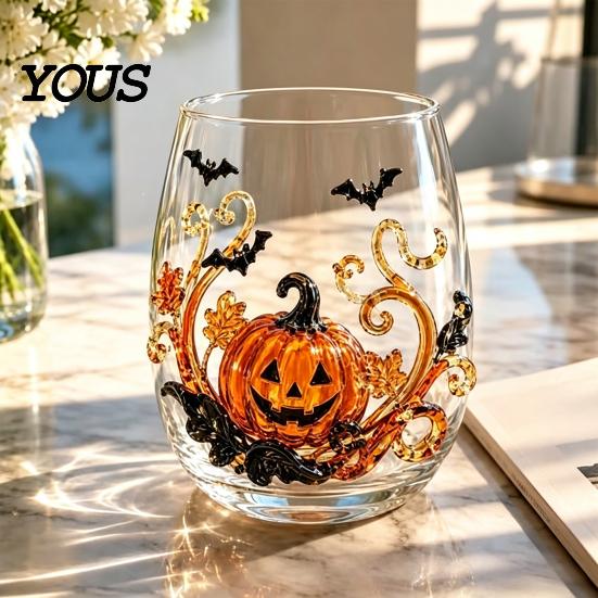 Grande Tazza da Bere per Ufficio Halloween Vetro Artigianale, Calici Senza Gambo con Zucca Fantasma Gatto Nero Ragnatela Vetro Trasparente Cucina