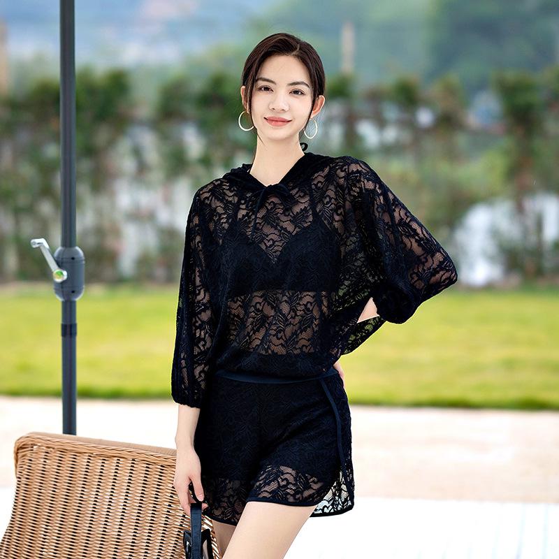 Korean Style Women's Three-Piece Swimsuit Set with Long Sleeve Sun Protection and Slimming Push-Up Features