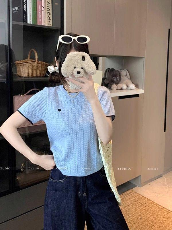 Chic Summer Heart Design Ice Silk Knitted T-shirt - Women's Short Sleeve Color Block Top