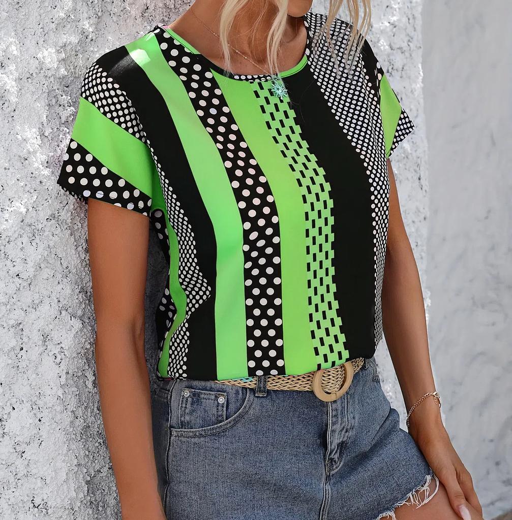 XXS-6XL Größe T-Shirt Damen Sommer Casual Rundhals Kurzarm Oberteile Tees Geometrisches Muster Locker Lässig Damenbekleidung