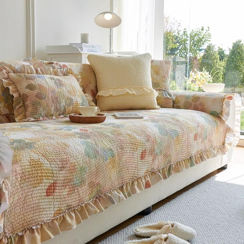 Cotton Removable Pastoral Flower Sofa Cover, Non-Slip And Anti-Grab Quilting Pad, Bay Window Sofa Towel, Universal Sofa Cloth For All Seasons