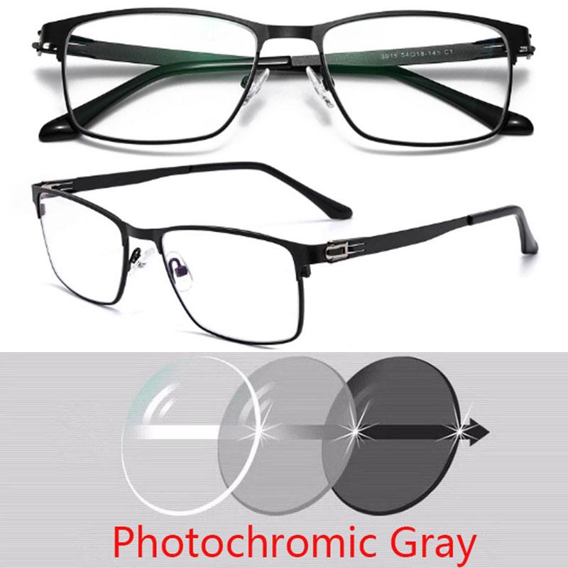 No Screws Design Sun Photochromic Gray Square Prescription Eyeglasses Full Metal Men Power Spectacles 0 -0.5 -0.75 -1.0 To -6.0