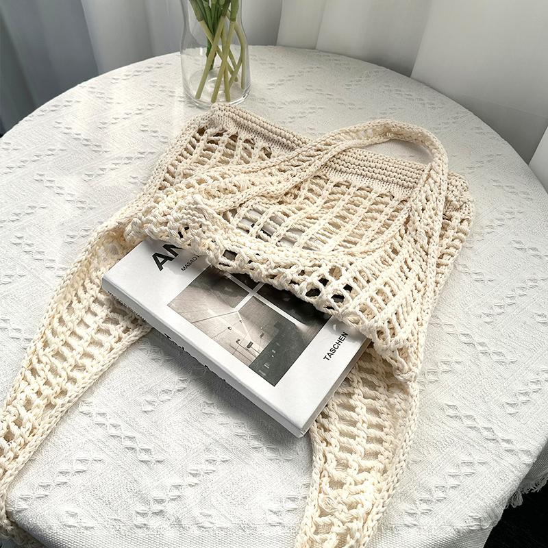 Solid Color Knitting Shoulder Bag Hollow Out Versatile Bohemian Crochet Tote Bag Large Capacity Casual Woven Handbag Women