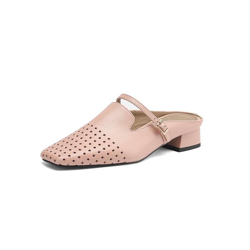 

Мода 2025 Лето Женская обувь Натуральная кожа Квадратный носок Женские сандалии Сквозные дышащие сандалии для женщин Массивный каблук Мюли 40 розовый