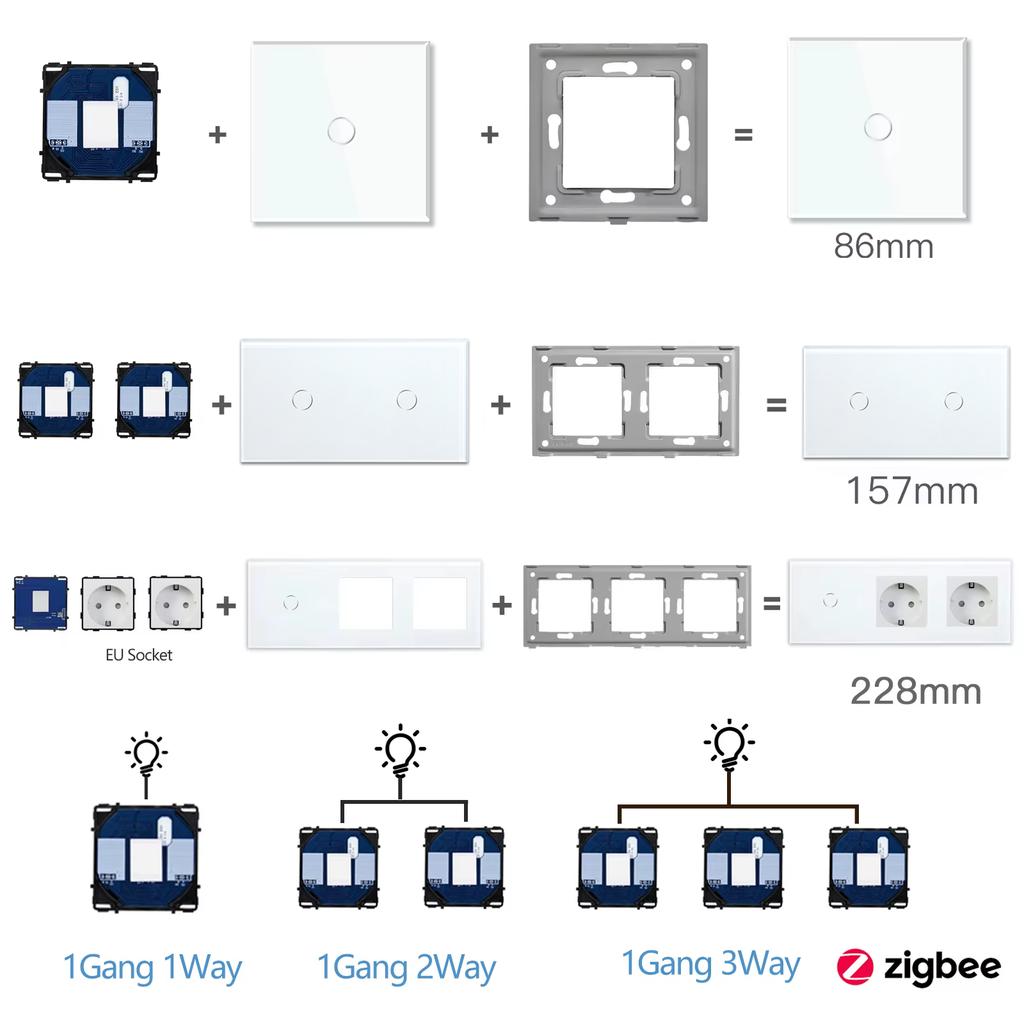 BSEED Zigbee 1/2/3Gang Smart Touch Switches Normal French Wall Sockets Type-c USB Function Parts Glass Panels DIY Combination