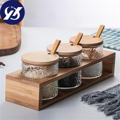 Japanese Hammered Glass Spice Jar Set with Bamboo Shelf Seasoning Box Kitchen Cooking Tools Salt Shaker Sugar Storage Bottle