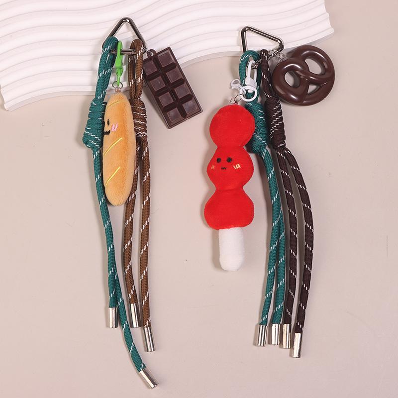 Fun Cartoon Bread Plush Keychain Y2K Trendy Braided Rope Lanyard Keyring Car Key Holder Bag Pendant Backpack Hanging Decoration