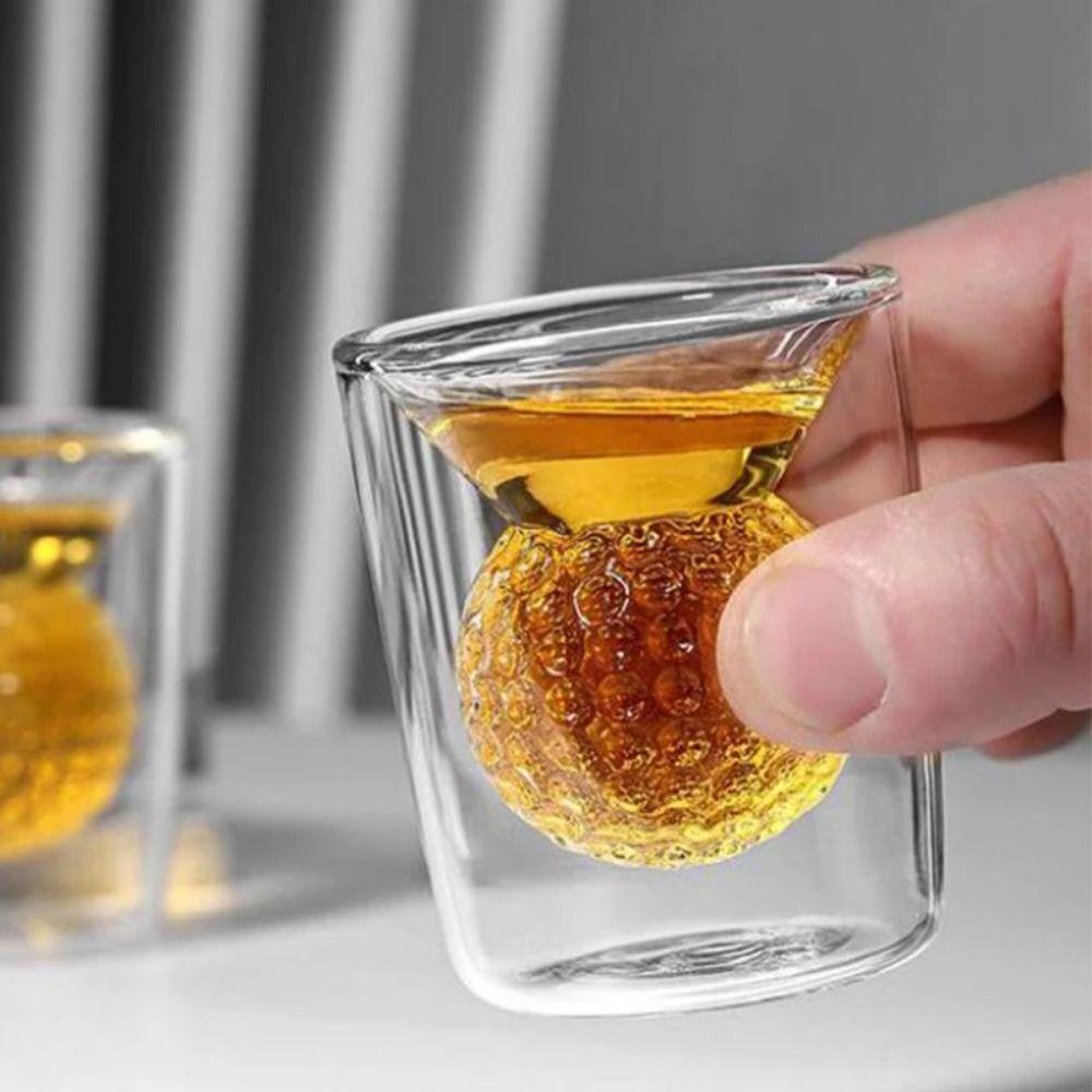 3D Rugby/Golf Ball Shape Beer Shot Glasses Double Wall Whiskey Beer Cup Clear Glass Cup Wine