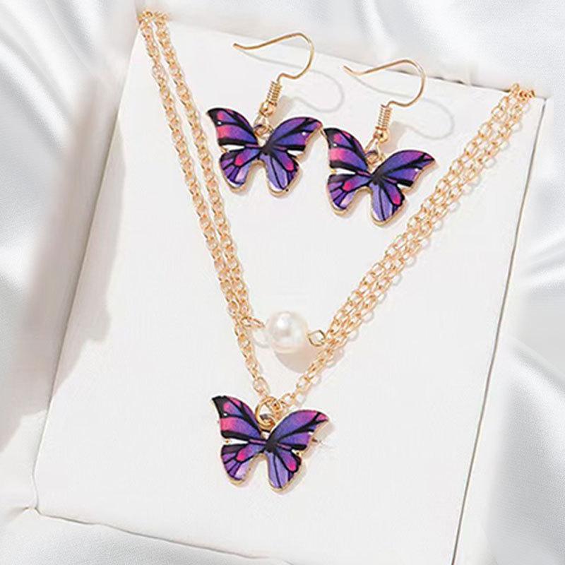 Multicolor Butterfly Necklace Earrings 3-Piece Set Sweet Versatile Butterfly Collarbone Chain Women'S Necklace Jewelry