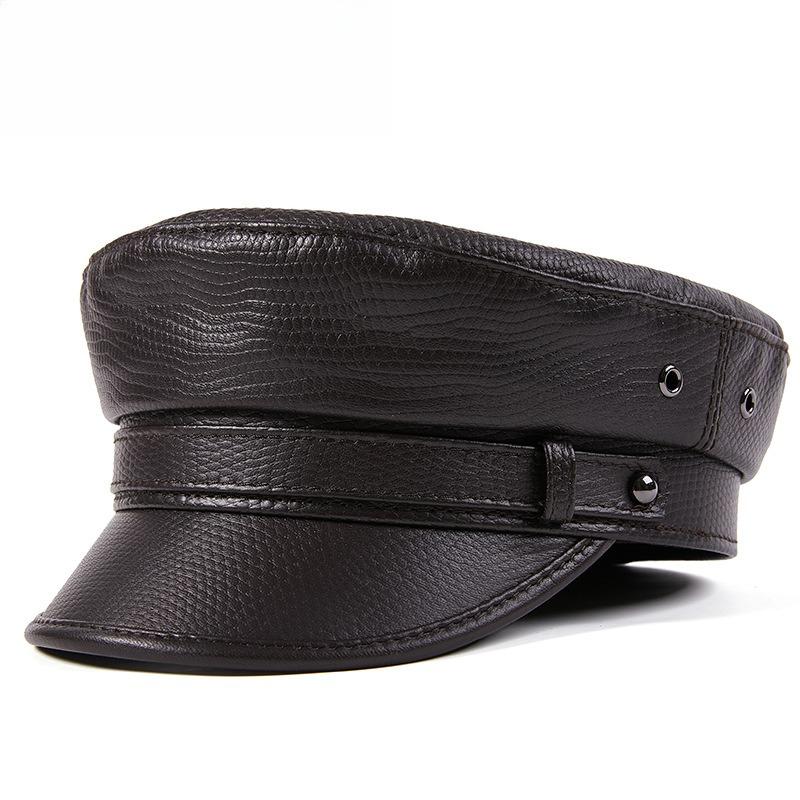 100% Sheepskin Military Hat - XXL Genuine Leather Flat Top Cap for Men/Women, Vintage Rock Style Unisex Headwearoll Captain Hat