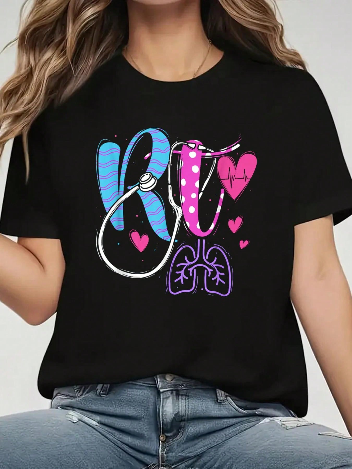 Love RN Nurse Heart Lungs Stethoscope T-shirt M