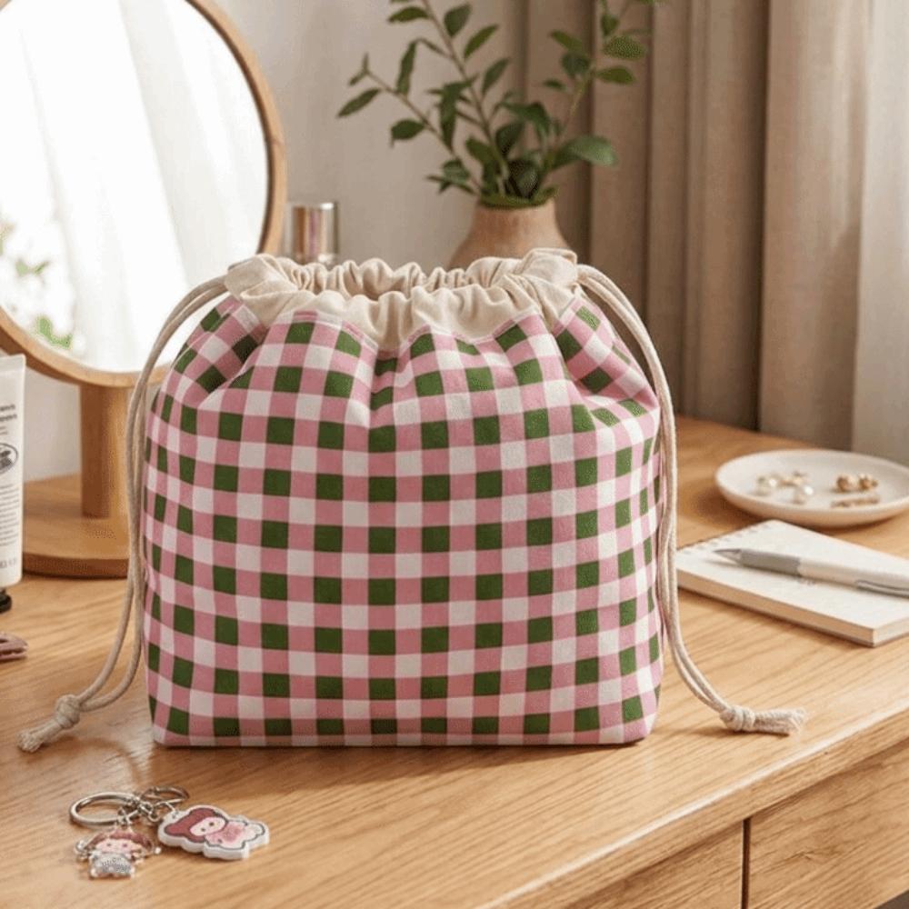 Large Capacity Plaid Drawstring Makeup Bag Portable Drawstring Storage Pouch Sundries Storage
