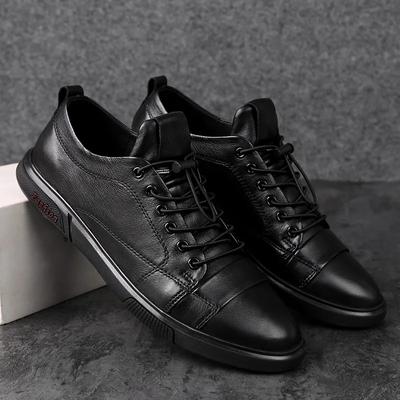 2024 Genuine Leather Mens Casual Shoes Luxury Brand Black Lace-Up Outdoor Formal Shoes Fashion Simple Male Footwear Men Sneakers