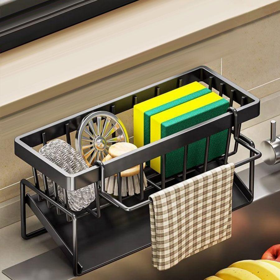 YUJI Stainless Steel Drain Basket Kitchen Storage Rack with Sponge Rack Cleaning Towel Rack