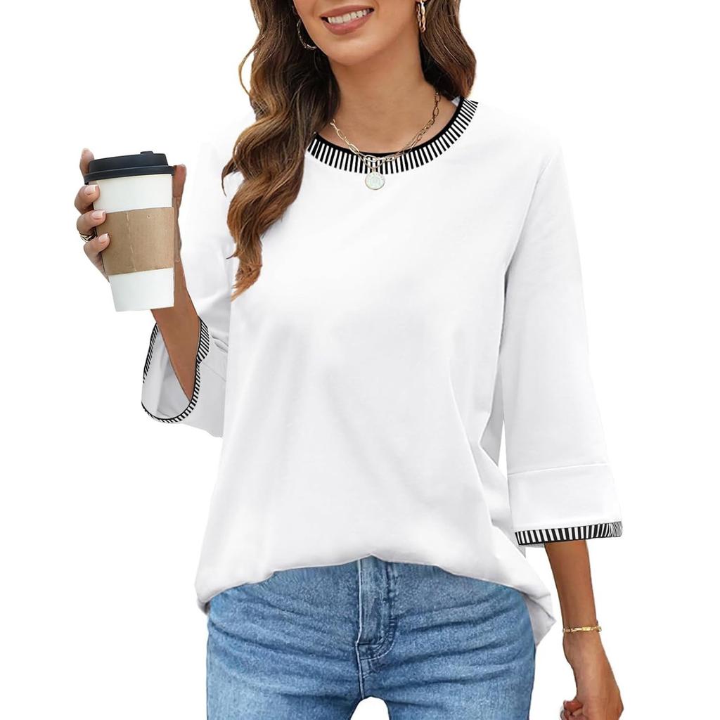 Women's Fashion Loose Round Neck Clashing Colour T-Shirt Seven Sleeve Top