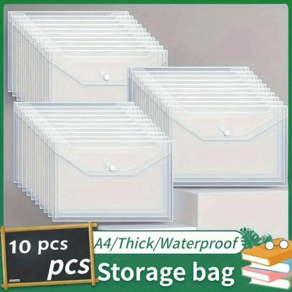 10 Pcs Clear A4 File Folders Plastic Large Capacity Document Pouch Storage Bag Durable Snap Button Closure File Folders