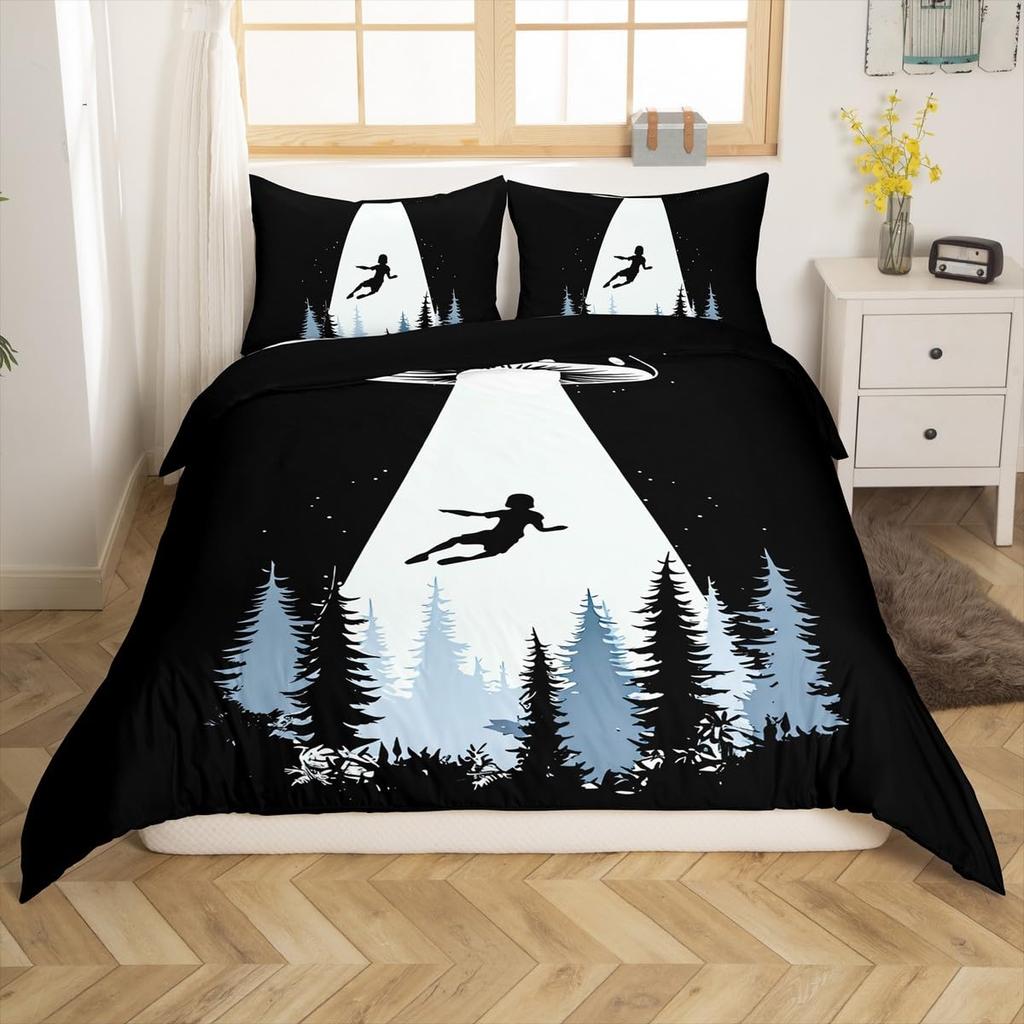 UFO Duvet Cover Set for Kids Boys Girls Teens Queen Lightweight Quilt Cover Outer Space Theme Bedding Set Bedroom Decor No Quilt