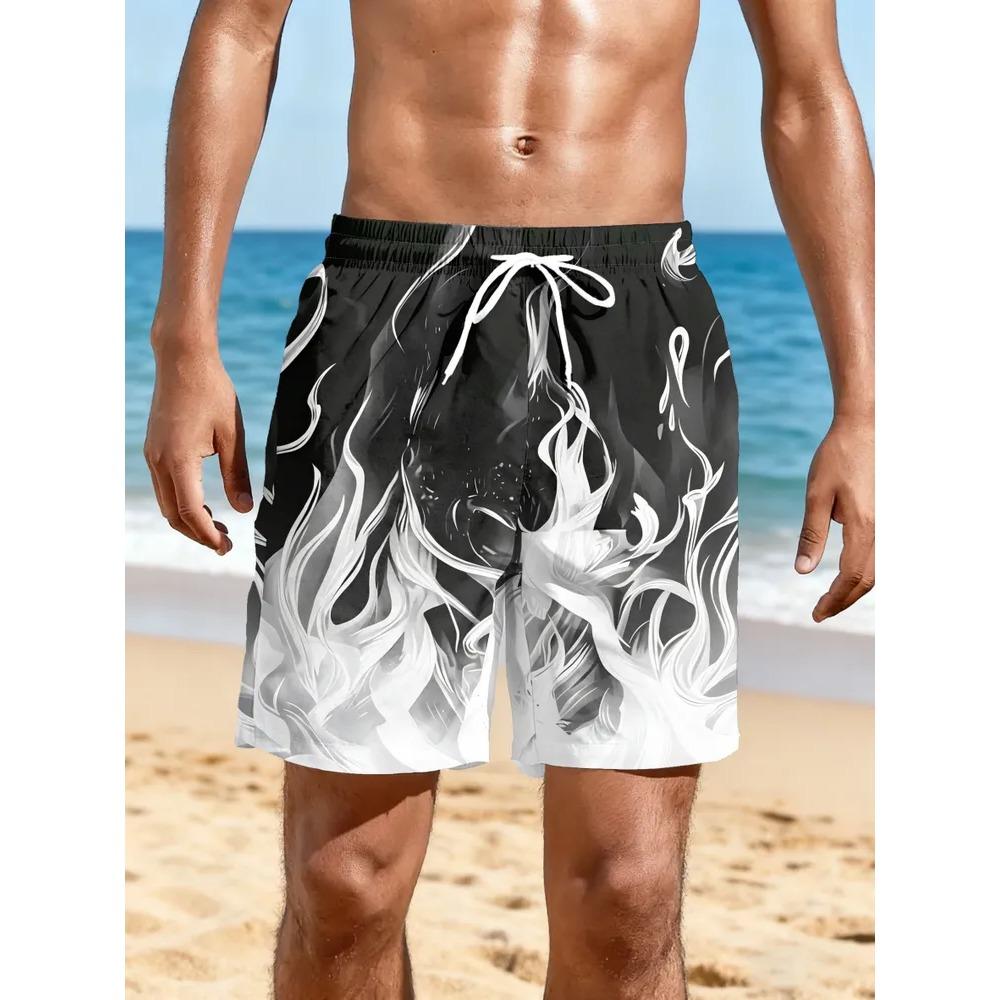 Fashionable Comfortable Plus Size Drawstring Loose Flame 3D Shorts Men Creative Colorful Summer Leisure Holiday Cool Daily Versatile Shorts