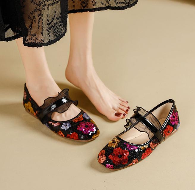 Fashion Lace Ruffles Band Ballet Shoes Ladies Silver Paillette Flats Mary Jane Women Lolita Mocasines Oversize Loafers Bridesmaide Shoes