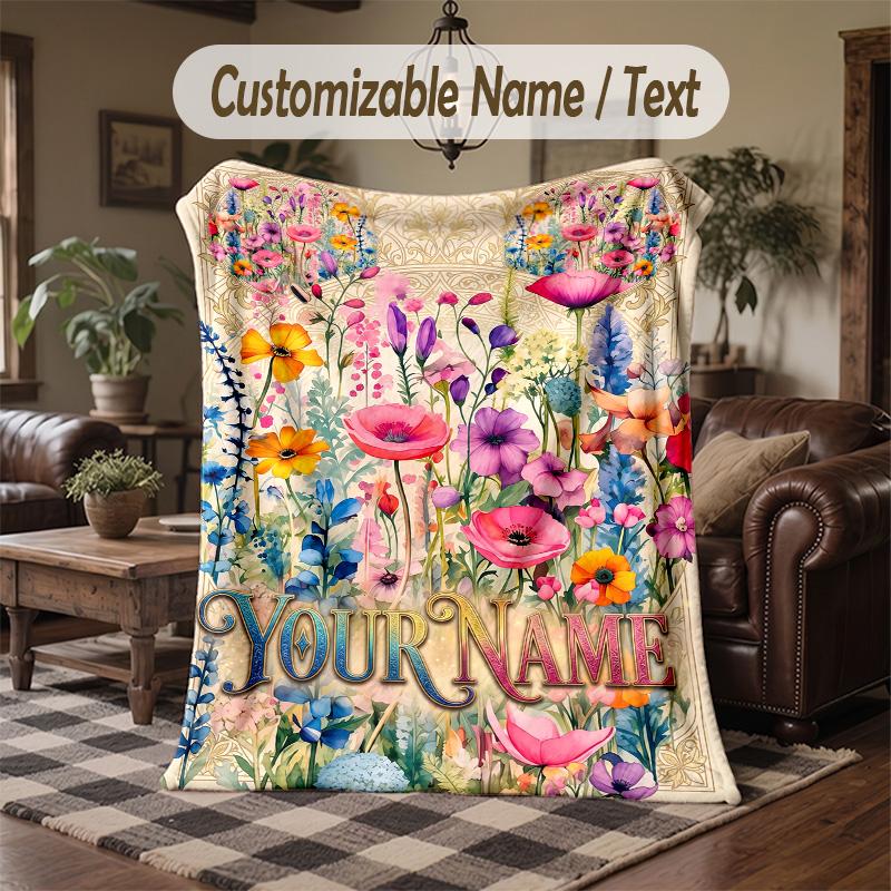 Floral Fantasy Garden 3 Theme Throw Blanket Custom Name Text Personalized Blanket Soft Cozy Blanket for Home Sofa Bed