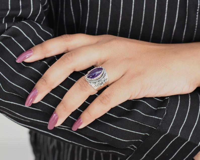 Solid 925 Sterling Silver Amethyst Gemstone Boho Designer Birthday Gift Statement Ring Women Jewelry