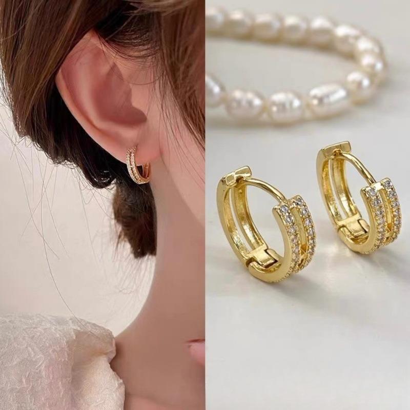 Fashion Zircon Double Layer Huggie Hoop Earrings for Women Vintage Stainless Steel Round Circle Earring Bling Party Jewelry Gift