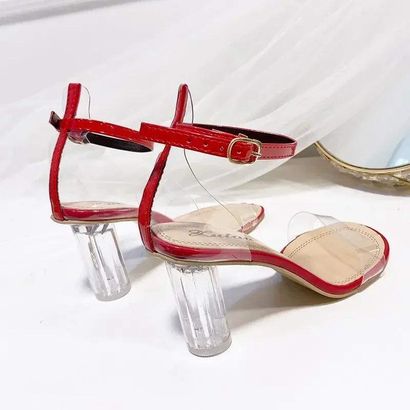 Fashion Transparent Sandals Women's 2024 Summer New One-word Buckle with Round Toe Thick Heel Fairy Wind Crystal Heel Sexy High Heels
