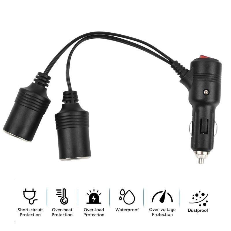 1pcs Universal Car Cigarette Lighter 12-24V Splitter Adapter 1 Male To 2 Female Sockets Y Splitter with On Off Switch 20cm New
