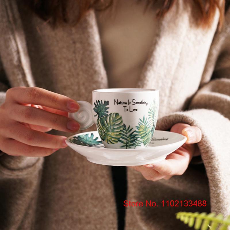 90ml Ceramics Coffee Cup And Saucer Set Nordic Fresh Cafe Drinkware Plant Monstera Office Mug Milk ESPRESSO SHOT Teacup For Girl