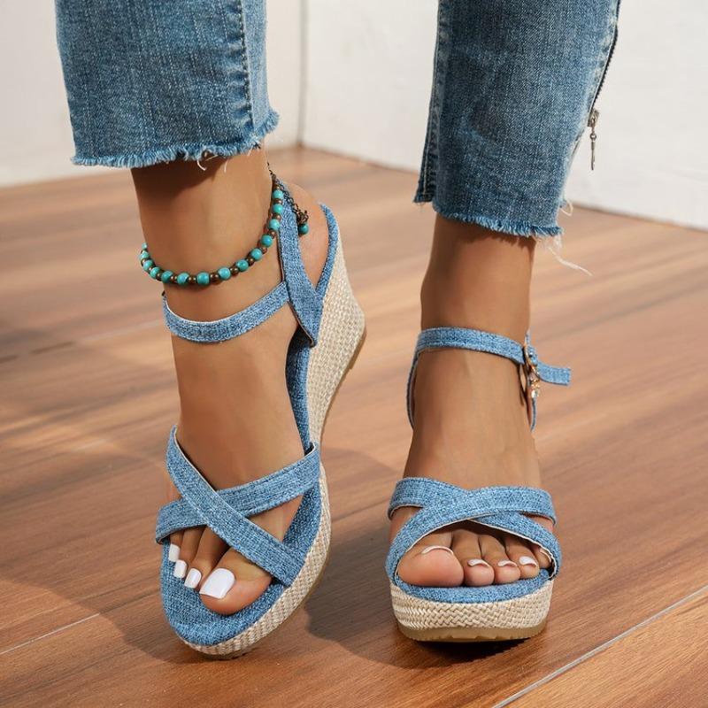 Fashion Summer Slope Heel Buckle Open Toe Wedge Ultra High Heel Women's Sandals 2025Fashion One Line Buckle Sandals Women Shoes  Heels
