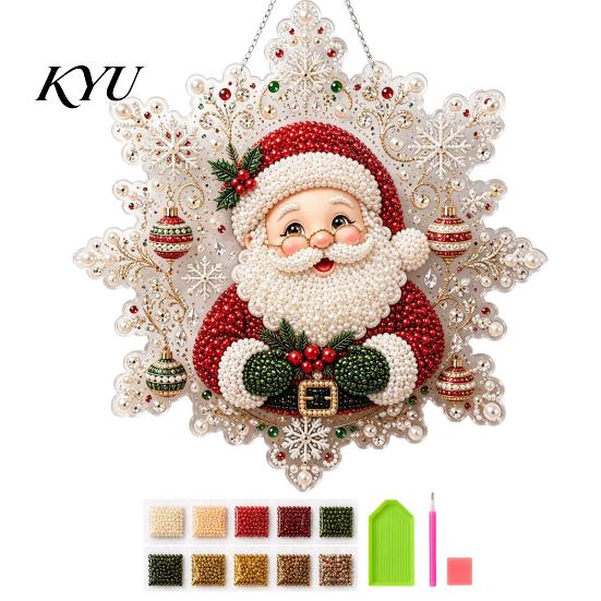 Christmas Ornament Making Kits Faux Pearl Painting Suncatcher Art Kit, Acrylic Snowflake Shape Board DIY Beading Ornaments with Lace Edge, 3D