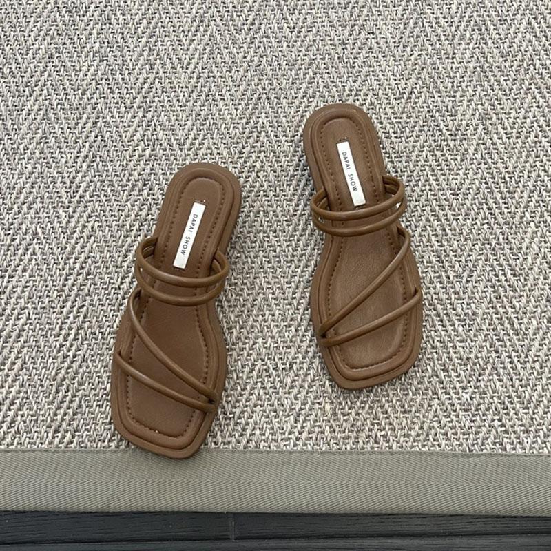 Comemore French Women Sandals Slippers Female Summer New Low Heeled Flip Flops Solid Casual Square Toe Beach Slippers