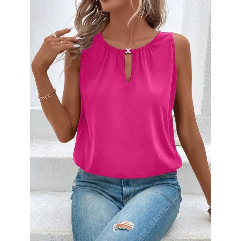 Nuova camicetta estiva ampia senza maniche con scollo rotondo da donna, camicia casual da ufficio alla moda, canotta a tinta unita, elegante, sexy, semplice, con intagli, top e canotta.